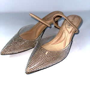 Anne Klein iFlex Akirie Sandals‎ Size 8 Beige Rhinestone Kitten Heel Bling